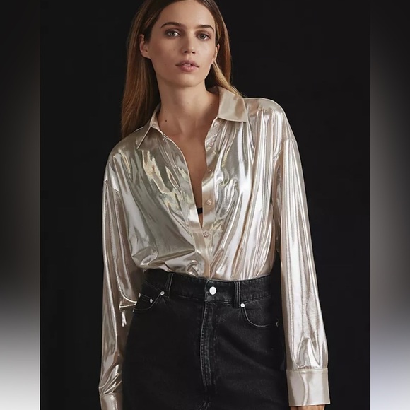 Anthropologie Metallic Silver Blouse NWT shine button up sparkle shimmer - Picture 3 of 6